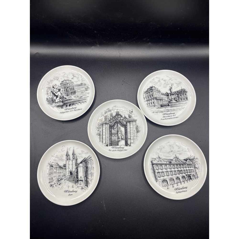 Kaiser W Germany Wurzburg Porcelain Coasters Set 5 Souvenir Plates Black White